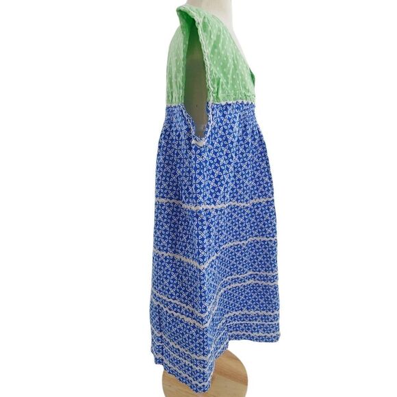 Smocking & rickrack green polka dots & blue cotton dress size 6 - Picture 4 of 9